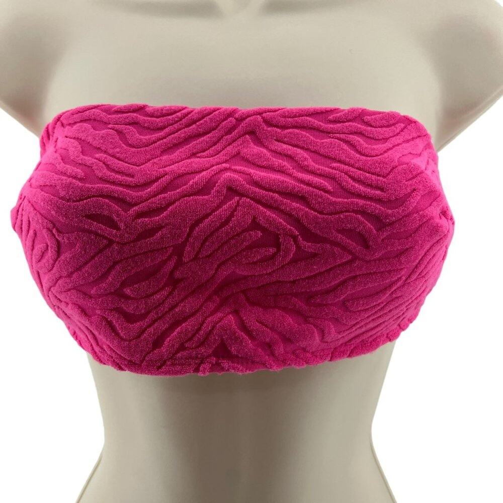 Womens Textured Terry Cloth Bandeau Bikini Top Bright Pink Size Small